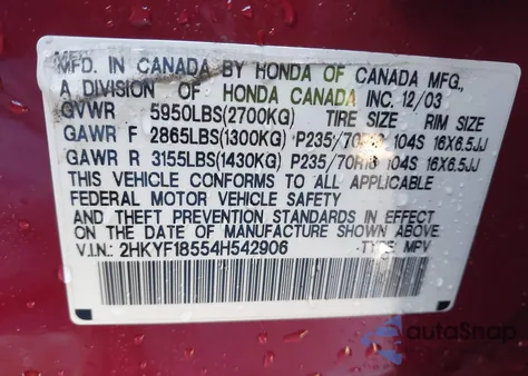 2004 Honda Pilot Ex-L z USA, uszkodzony, nr VIN 2HKYF18554H542906